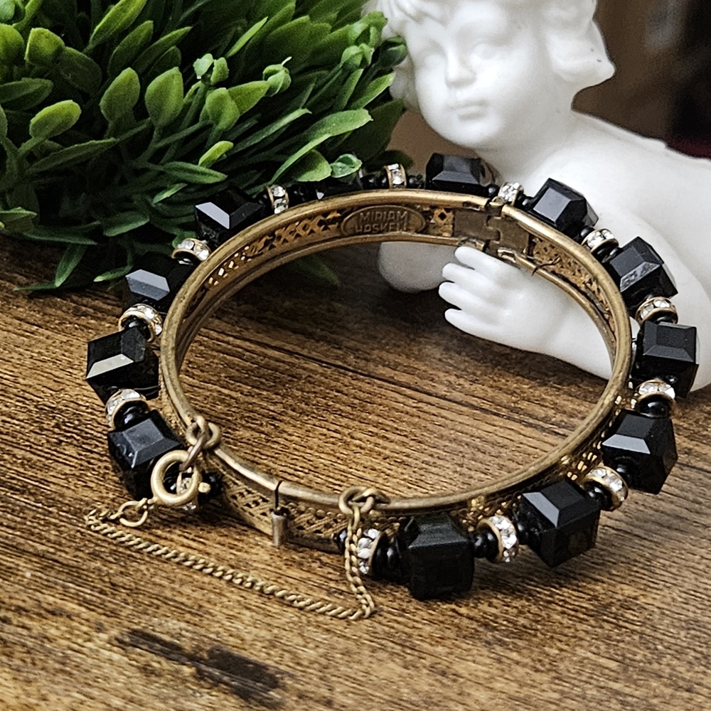 Miriam Haskell Black & Rhinestones Beaded Bangle … - image 4